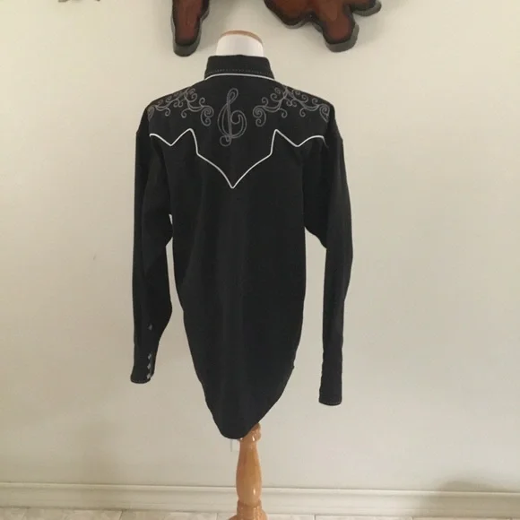 Panhandler Slim Western Wear Black Embroidered Pearl Diamond Snap Button Shirt - Picture 3 of 14